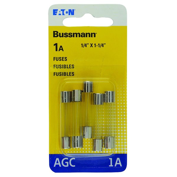 Eaton Bussmann Glass Fuse, AGC Series, Fast-Acting, 1A, 250V AC, 10kA at 125V AC, 35A at 250V AC, 5 PK BP/AGC-1-RP